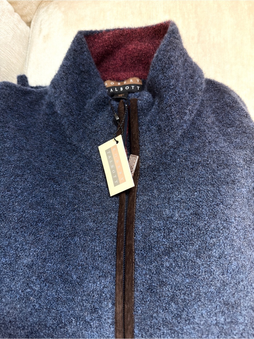 Robert Talbott Navy Zip-Up Sweater with Burgundy Collar Lining